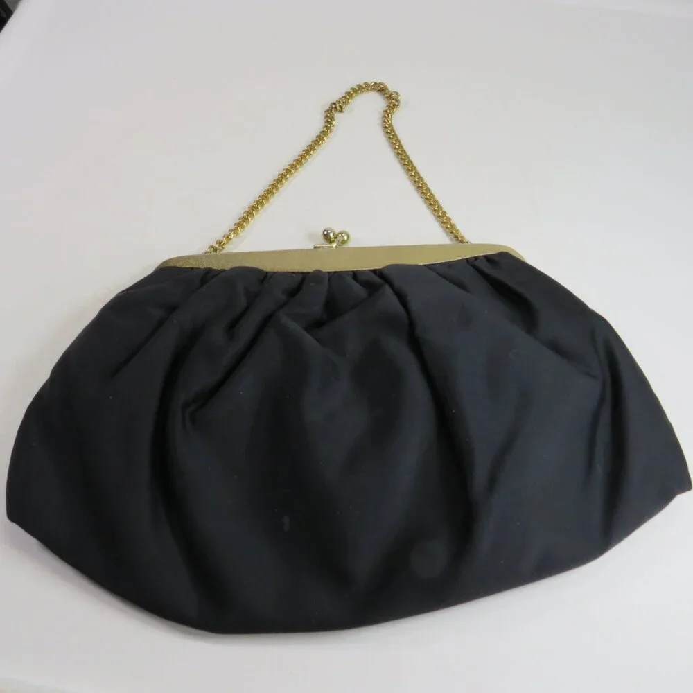 Vintage Julius Resnick Black Satin Evening Clutch | Mid Century MCM Purse Set